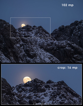 The 102mp sensor allows to crop a lot. I took this image with the Fujifilm GFX100 camera at Lofoten. The crop is similar to a focal length of 1200mm (full frame equivalent). It means you should use a shutter speed of at least 1/1200 sec when you shoot han