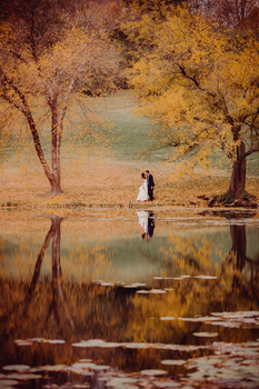 newlyweds stand under trees by a lake