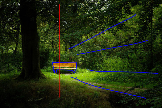 A nice a-symmetric compostion. The bench is positioned at the golden ratio, and the lines indicate how the eye is lead towards that bench