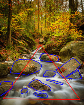 The stable triangle compostion will have elements distributed symmetrical in a triangular shape around a vertical axis.