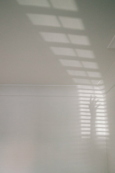 Bring creativity by shooting self portraits. A shadow of a hand on a white wal.