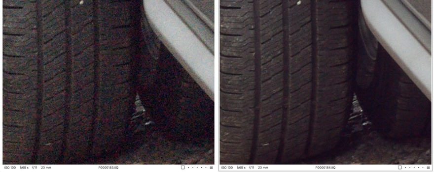 400% View. Exposure +4, default noise reduction removed. Left, Single Exposure. Right, Dual Exposure +.
