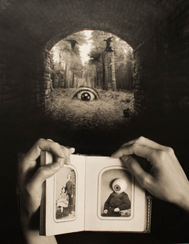 fine art black and white photo composite, surreal with eyeballs