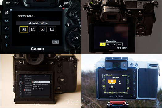 Different brands use different names. There are also small differences in the metering modes on these cameras. We see a Canon, Nikon, Fujifilm, and a Hasselblad