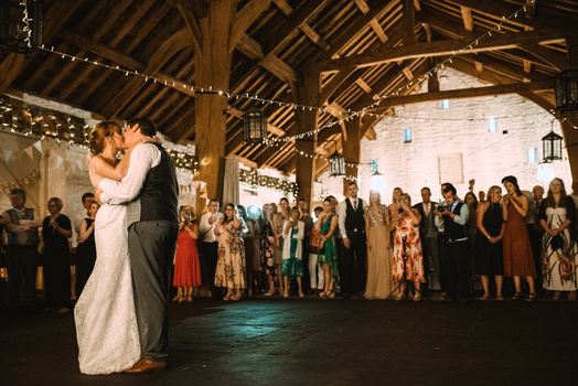 The future of wedding industry is uncertain still Bride and groom dancing in front of their guests
