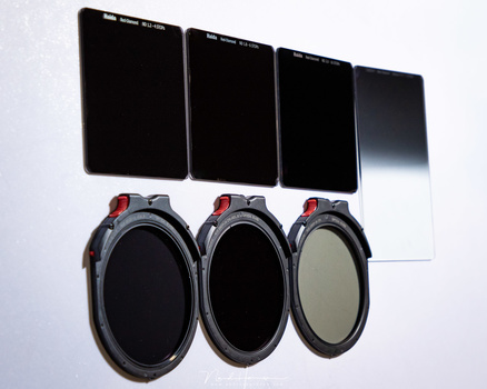 A set of Haida M10 drop-in CPL filters, next to the ordinairy ND filters. With the M10 Insert Variable ND you can manipulatie the amount of light that reaches the lens.