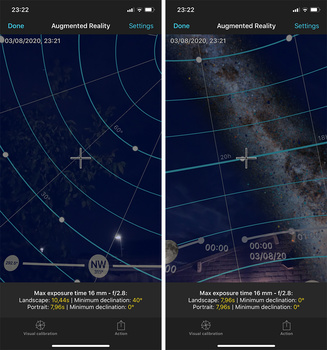 The augmented reality makes it easy to use the declination, Just point the cross hair to the center star of your composition and the exact shutter speed is mentioned. Just look at the difference.