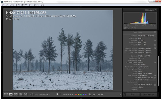 An example of a show covered landscape during daylight. The light meter made 18% gray from the white snow. Look at the histogram; it is situated in the middle.