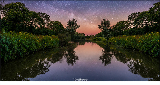 Reality or manipulation? I was playing around with the photo of this small fishing pond. I did a horizontal flip to mirror the shore, and added a Milky Way in the twilight sky. It cannot be real at all.