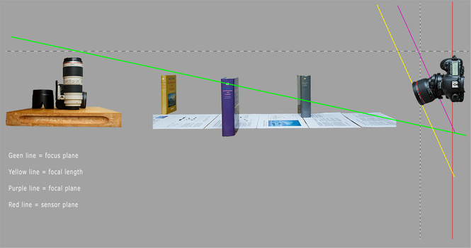 When the lens is titled, the focal plane will also tilt. Everything on the green line will be in focus, Everything else not.