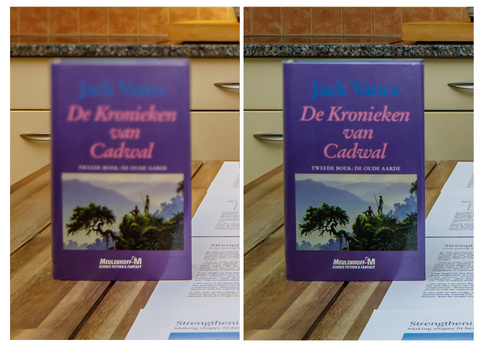 Both images are shot with a titled tilt-shift lens. At the left the book becomes out of focus when the distance from the plane of focus becomes larger. At the right you see the effect of a larger depth of field. The top of the book cover is almost in focu