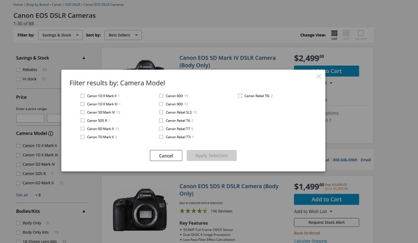 Screenshot of Canon's DSLR range available at B&H