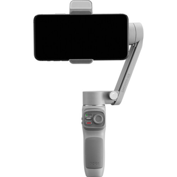 Three-axis smartphone gimbal stabilizer with gray metallic finish and mounted phone.