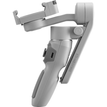 Three-axis motorized gimbal stabilizer with smartphone mounting bracket against white background.