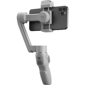Three-axis smartphone gimbal stabilizer with mounted smartphone, shown from the side against white background.