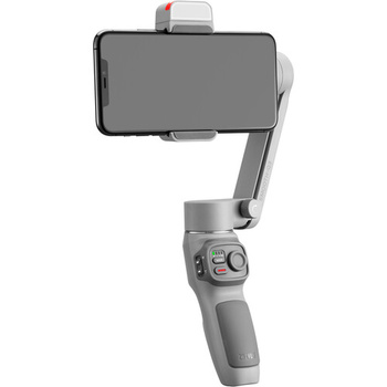 Three-axis smartphone gimbal stabilizer with grip handle and control wheel, shown mounted with phone in landscape orientation.