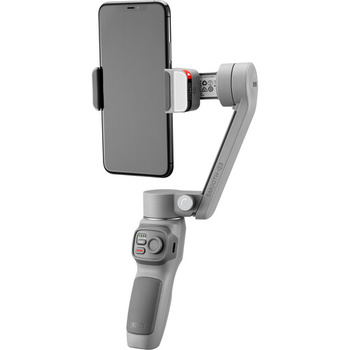 Three-axis smartphone gimbal stabilizer with gray finish and grip handle.