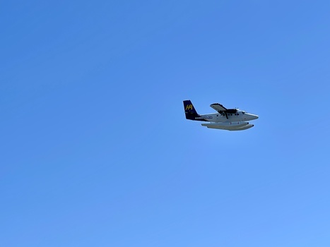 Seaplane flying against a clear blue sky with wings and pontoons visible.