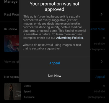 Screenshot of an ad promotion rejection dialog from a social media platform.