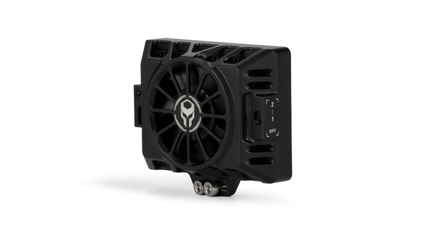 Black compact cooling unit with large fan and side-mounted control panel against white background.