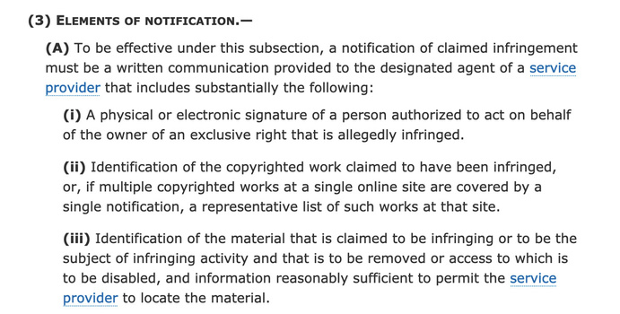 Screenshot of legal text outlining the three elements required for effective DMCA takedown notification.