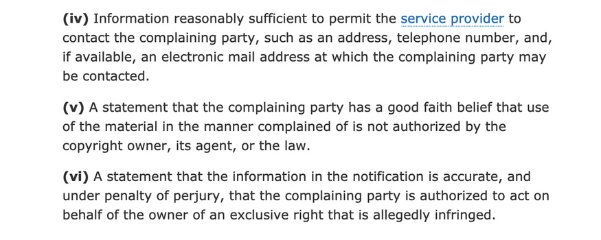 Screenshot of copyright takedown notice requirements including contact information, good faith belief statement, and perjury declaration.