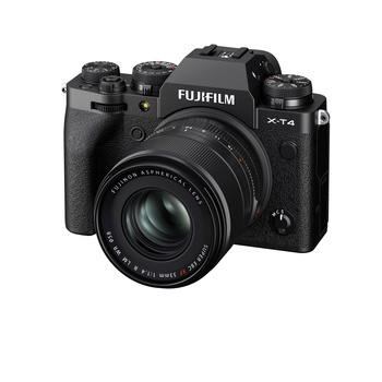 Fujifilm X-T4 mirrorless camera with attached 35mm lens, shown against white background.