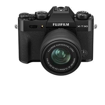 Fujifilm X-T30 mirrorless camera with kit lens, front view against white background.