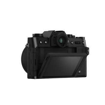 Black mirrorless camera shown from rear angle with articulating LCD screen deployed.