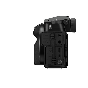 Side view of a black mirrorless camera body showing control buttons and ports.