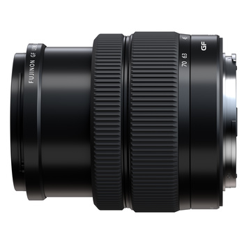Telephoto zoom lens with black barrel and ribbed focus rings, displayed against white background.