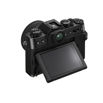 Black mirrorless camera with articulating touchscreen displayed at three-quarter angle.