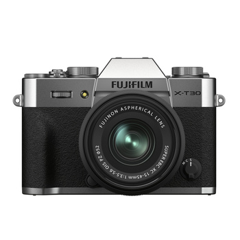 Fujifilm X-T30 II mirrorless camera with silver top plate and black body, featuring the kit lens.