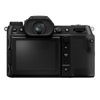 Rear view of a mirrorless camera with articulating LCD screen and control buttons visible.
