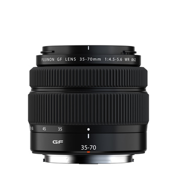 Fujifilm GF 35-70mm f/4.5-5.6 OIS WR lens shown from front, displaying barrel, focus ring, and aperture markings.