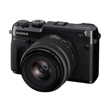 Fujifilm mirrorless camera with attached prime lens, shown against white background.