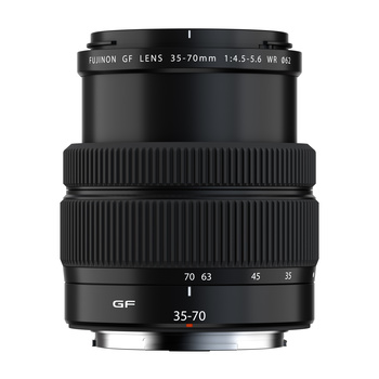 Fujifilm GF 35-70mm f/4.5-5.6 WR lens shown front-on with focus and aperture rings visible.