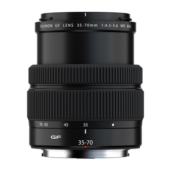 Fujifilm GF 35-70mm f/4.5-5.6 lens with focus and zoom rings against white background.