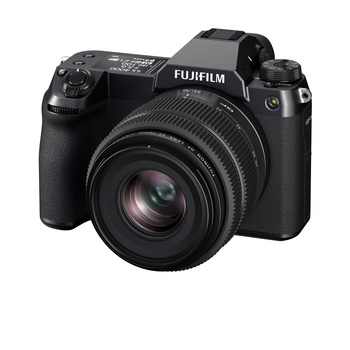 Fujifilm GFX mirrorless camera with attached prime lens on white background.