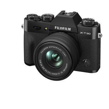 Fujifilm X-T30 mirrorless camera with XC 15-45mm lens attached, shown against white background.