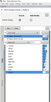 Screenshot of photo editing software showing catalog panel with keyword dropdown menu.