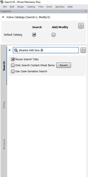 Screenshot of Search UI photo metadata interface showing catalog search options.
