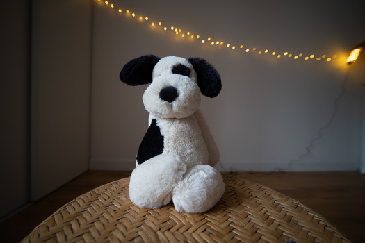 Black and white plush dog toy sitting on woven mat with warm string lights behind.