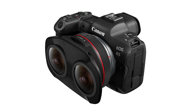 Canon EOS R5 mirrorless camera with dual RF mount lenses attached to the body.