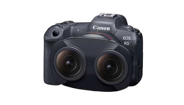 Canon EOS R5 mirrorless camera with dual lens mounts photographed against a white background.