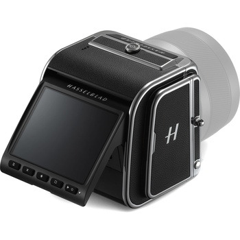 Hasselblad medium format camera with digital back and articulating display screen.