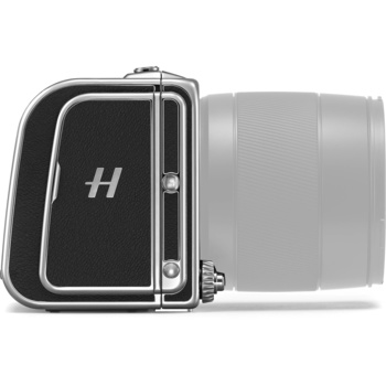 Hasselblad medium format camera body with attached lens shown in profile view.
