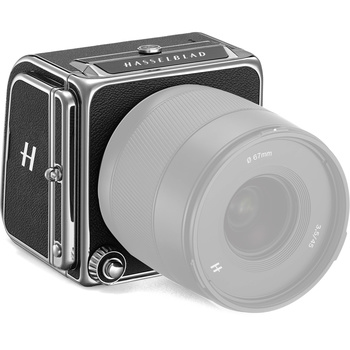 Hasselblad medium format camera body with mounted lens shown in three-quarter view.