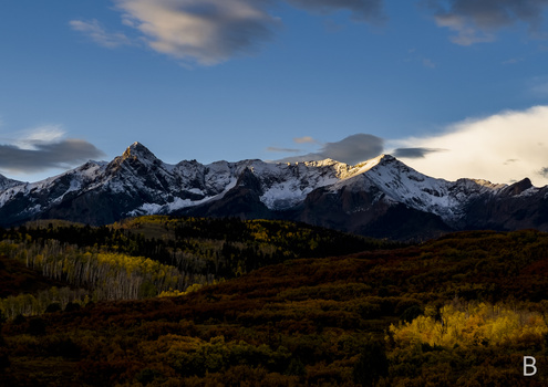 Snow-capped mountain peaks with golden alpenglow at sunset, framed by golden aspen trees and dark evergreen forest.