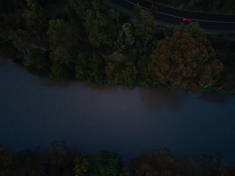 Aerial view of a misty river bordered by dense green and autumn-toned trees with a road visible at top.